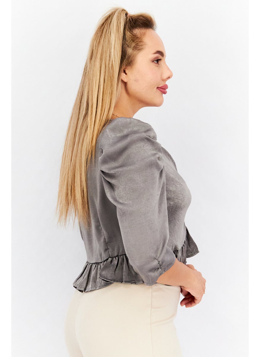 Outrageous Fortune Women Split Neck 3/4 Sleeves Satin Blouse, Charcoal  - Image 4
