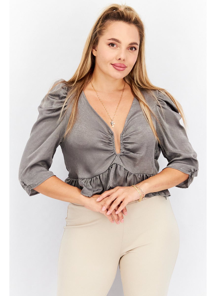 Outrageous Fortune Women Split Neck 3/4 Sleeves Satin Blouse, Charcoal  - Image 1