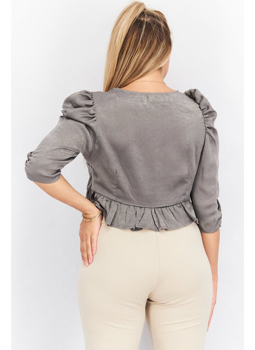 Outrageous Fortune Women Split Neck 3/4 Sleeves Satin Blouse, Charcoal  - Image 3