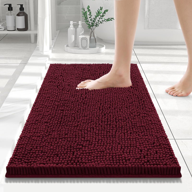 Smiry Luxury Chenille Bathroom Rugs 24x16 Extra Soft and Absorbent Shaggy Bath Mat Machine Washable NonSlip Plush Carpet Runner for Tub Shower and Floor Home Decor Accessories Burgundy