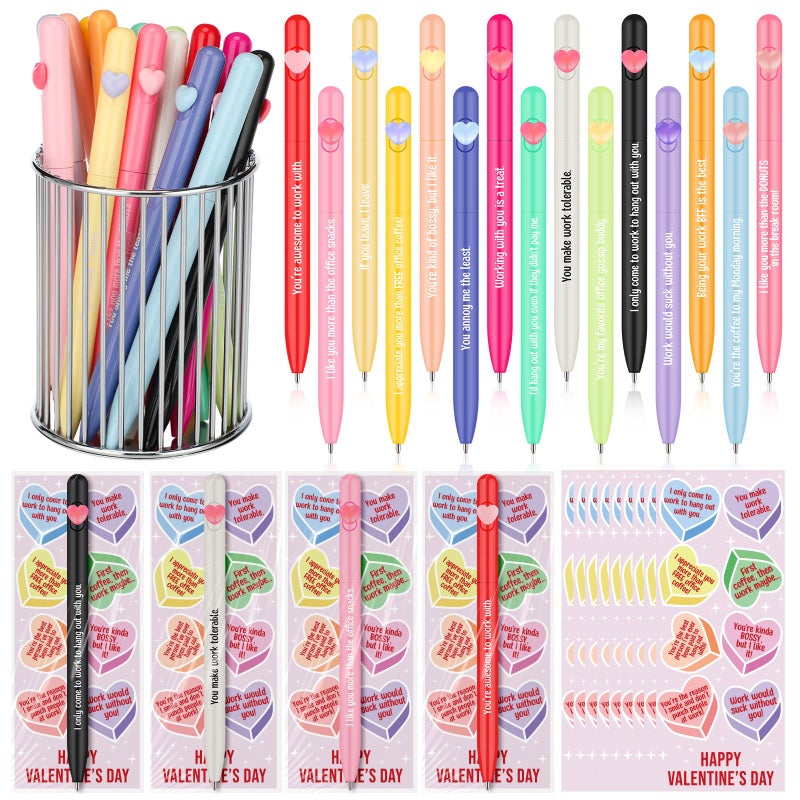 Glenmal 30 Set Funny Coworkers Valentine's Day Heart Pens with Cards Bulk Valentines Humorous Quotes Ballpoint Pens Bookmarks for Coworker Adults Employee Office Valentines Party Gifts (Colorful) - Image 1