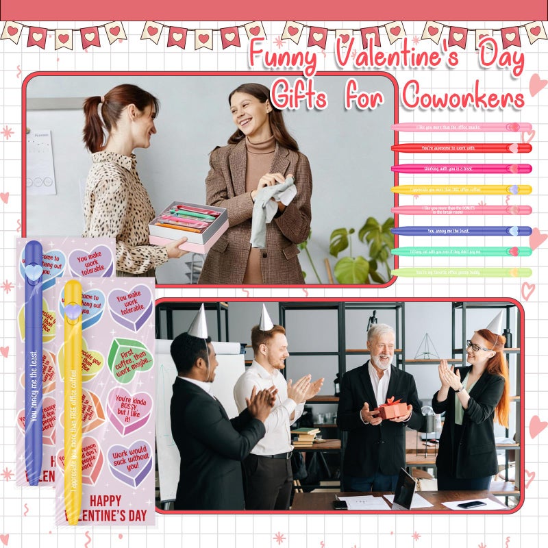 Glenmal 30 Set Funny Coworkers Valentine's Day Heart Pens with Cards Bulk Valentines Humorous Quotes Ballpoint Pens Bookmarks for Coworker Adults Employee Office Valentines Party Gifts (Colorful) - Image 4