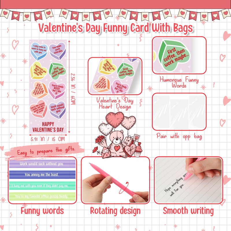 Glenmal 30 Set Funny Coworkers Valentine's Day Heart Pens with Cards Bulk Valentines Humorous Quotes Ballpoint Pens Bookmarks for Coworker Adults Employee Office Valentines Party Gifts (Colorful) - Image 3