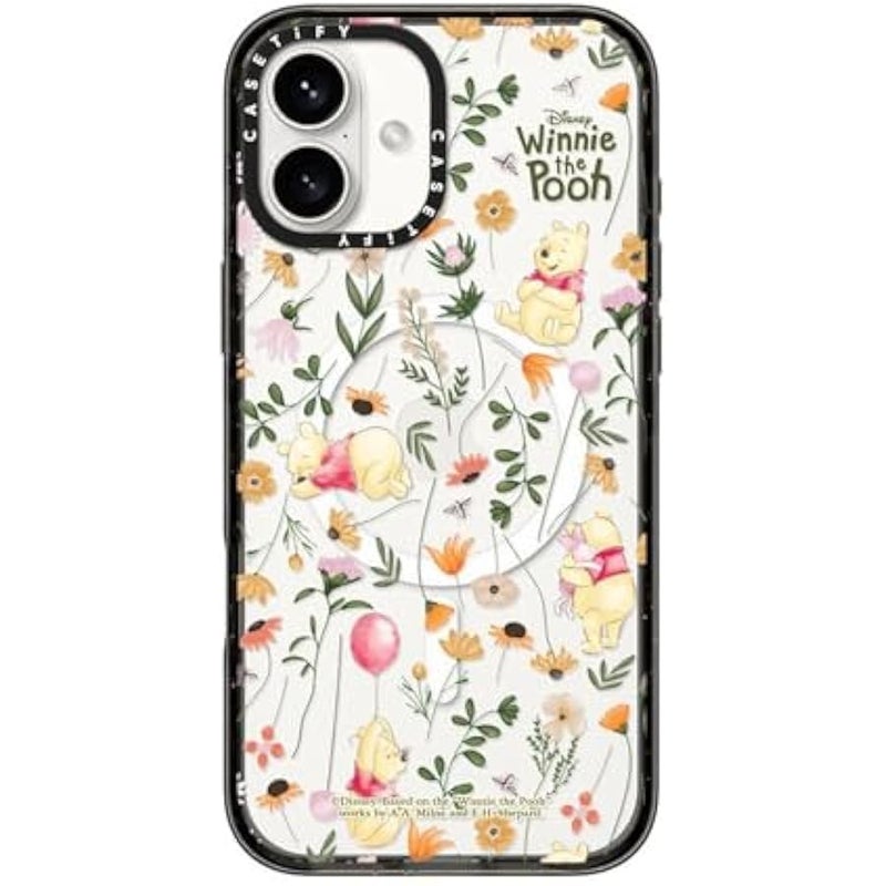 Casetify Impact iPhone 16 Plus Case 【Winnie The Pooh Co-Lab / 8.2ft Drop Protection/Magsafe】 - Vintage Floral Case - Clear Black - Image 1