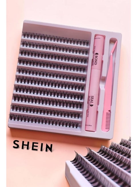 Cluster Eyelash Extensions Kit with Bond and Seal & Tweezer, Soft Lightweight Wispy Lashes for DIY