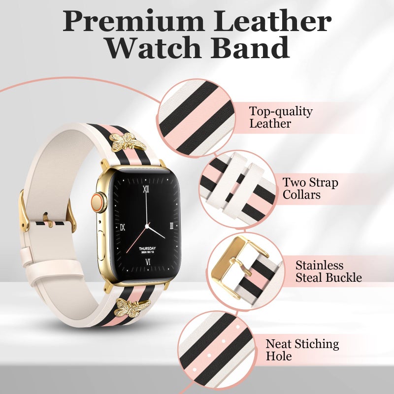 MOINSPIRE Designer Leather Bands with Charms Compatible with Apple Watch 38mm 40mm 41mm 42mm(S11/10) Women Men Genuine Leather Strap Elegant Wristbands for iWatch Series 11/10/9/8/7/6/5/3/2/1/SE/Ultra - Image 4