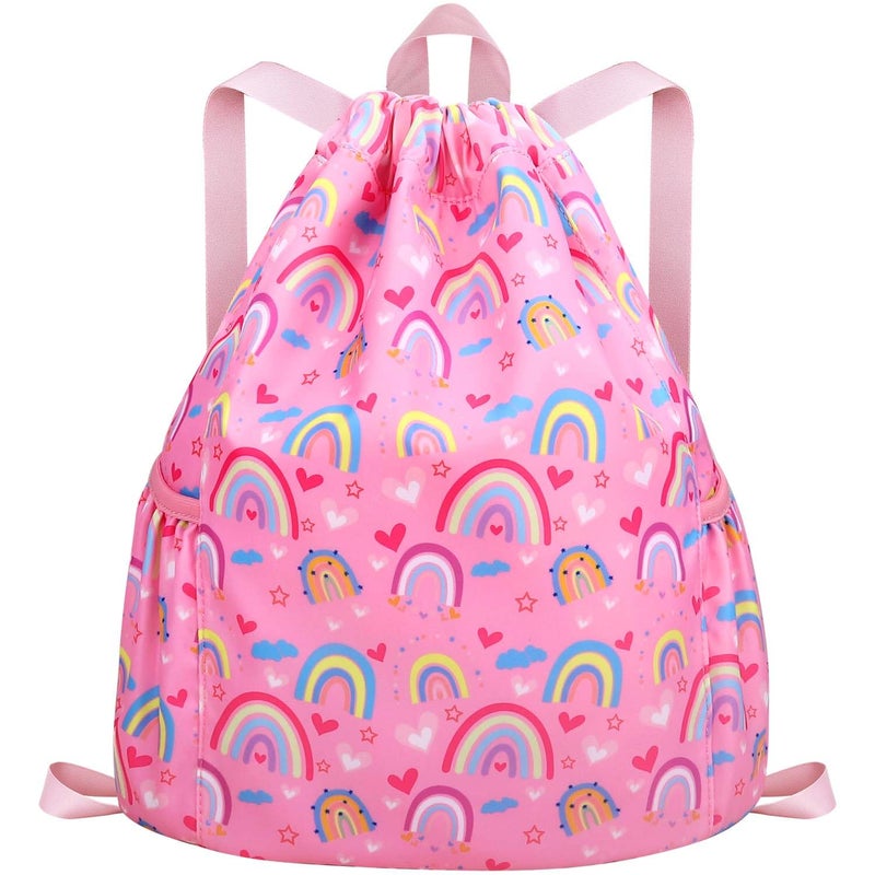 RHCPFOVR Drawstring Backpack for Kids - Mermaid Bags for Girls Gym Dance Beach Swim Travel Bag With Two Water Bottle Holder - Image 1