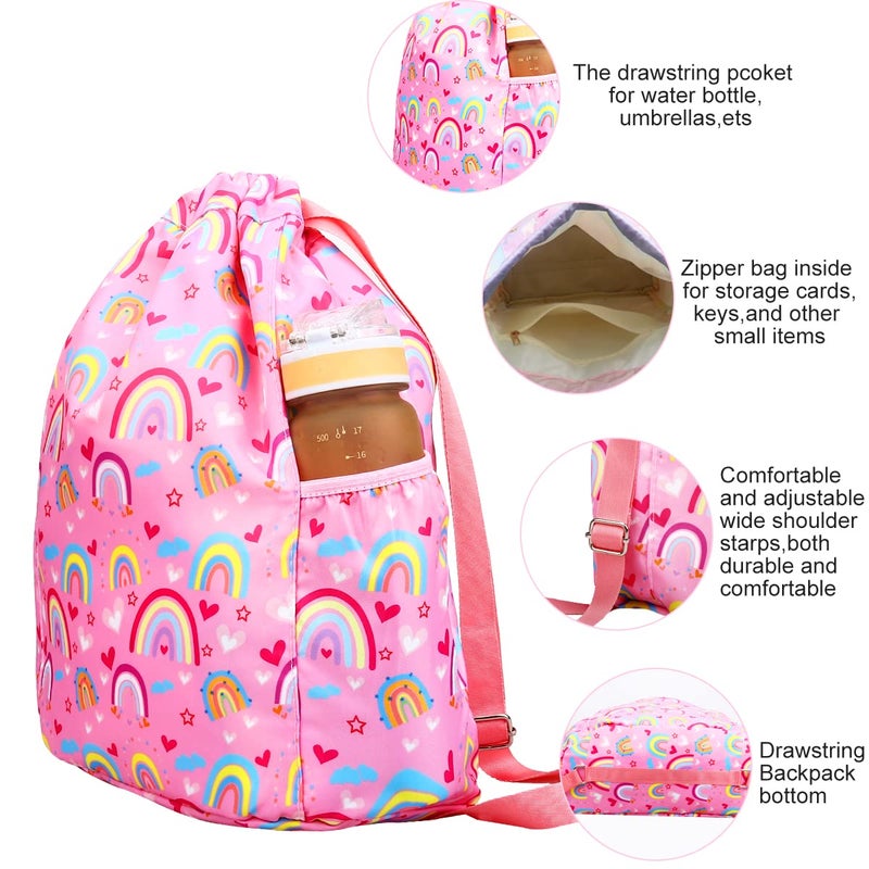 RHCPFOVR Drawstring Backpack for Kids - Mermaid Bags for Girls Gym Dance Beach Swim Travel Bag With Two Water Bottle Holder - Image 3