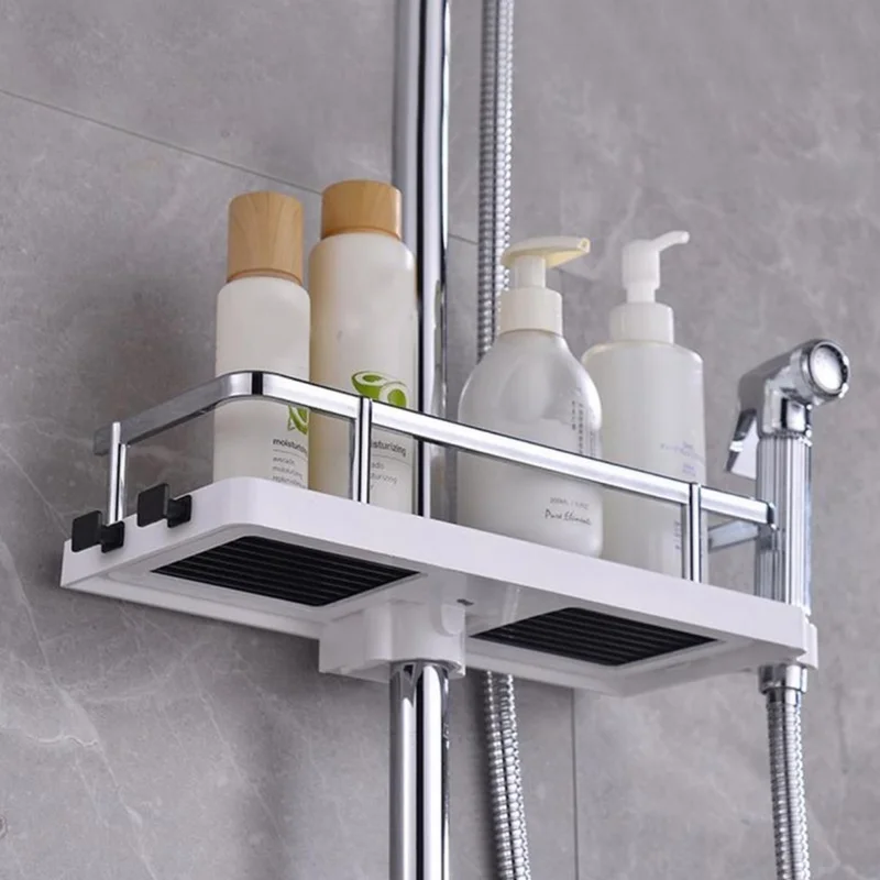 Lisinya Bathroom Pole Hangable Corner Rack Shampoo Holder Soap Dish Double Hanger Organizer Shelf Stainless