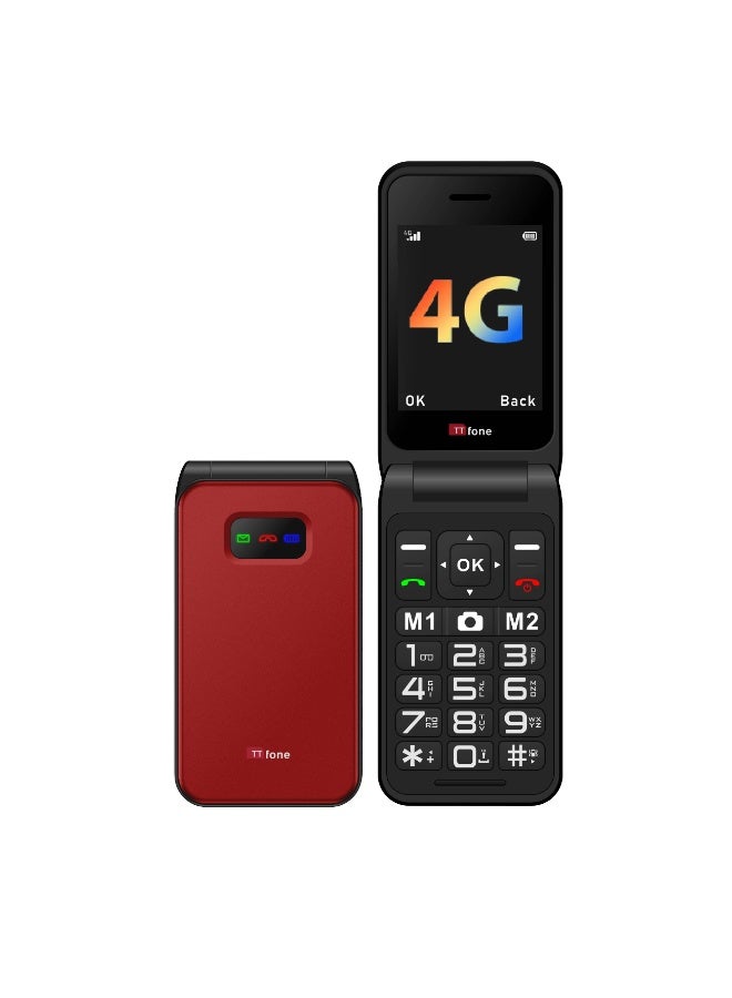 تي تي فون هاتف TTfone TT760 قابل للطي بتقنية 4G وأزرار كبيرة لكبار السن، مزود بزر مساعدة للطوارئ، هاتف محمول أساسي مفتوح على جميع الشبكات (أحمر، مع شاحن كهربائي) - Image 2