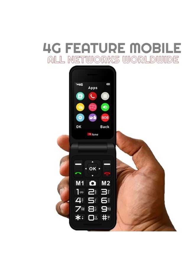 تي تي فون هاتف TTfone TT760 قابل للطي بتقنية 4G وأزرار كبيرة لكبار السن، مزود بزر مساعدة للطوارئ، هاتف محمول أساسي مفتوح على جميع الشبكات (أحمر، مع شاحن كهربائي) - Image 3