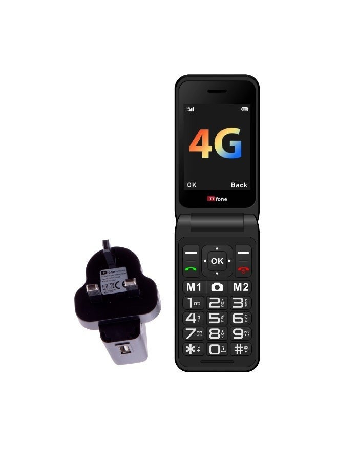 تي تي فون هاتف TTfone TT760 قابل للطي بتقنية 4G وأزرار كبيرة لكبار السن، مزود بزر مساعدة للطوارئ، هاتف محمول أساسي مفتوح على جميع الشبكات (أحمر، مع شاحن كهربائي) - Image 1