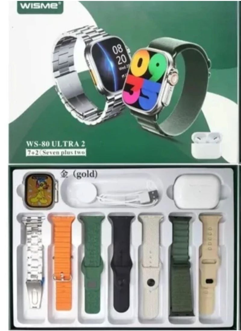 Wisme WS80 ULTRA 2 Full Display SMART WATCH 7pair Straps and Airpods