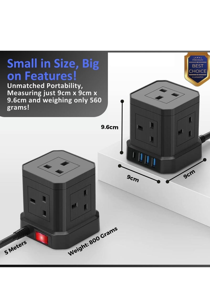 SRTECH SRTECH, 5M Extension Cord, Power Strip, multi Plug, 5 socket with multiplug USB Type C, A Durable fused Cable Surge, Tower Cube design, 1-Year warranty Lead Design for office home  - Image 5