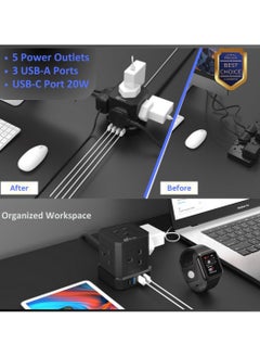 SRTECH SRTECH, 5M Extension Cord, Power Strip, multi Plug, 5 socket with multiplug USB Type C, A Durable fused Cable Surge, Tower Cube design, 1-Year warranty Lead Design for office home  - Image 2