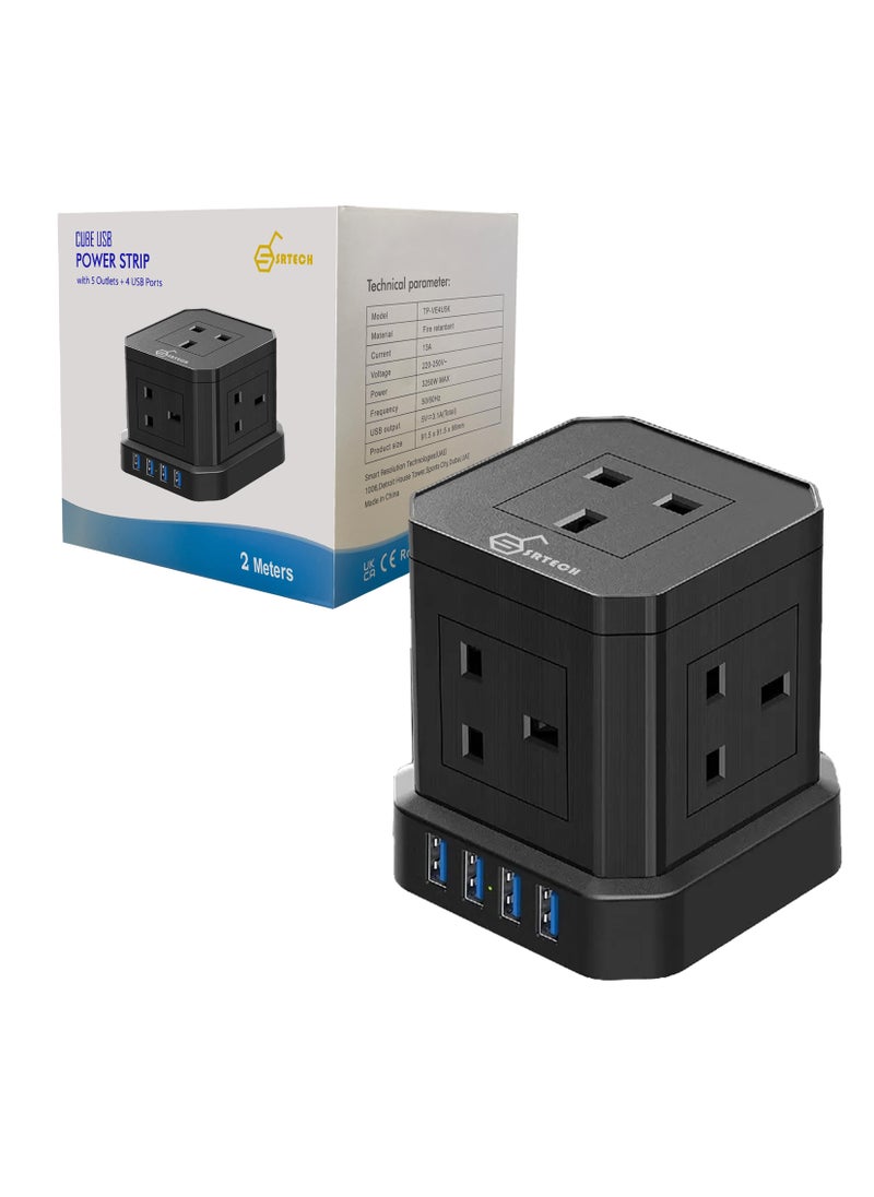 SRTECH SRTECH, 5M Extension Cord, Power Strip, multi Plug, 5 socket with multiplug USB Type C, A Durable fused Cable Surge, Tower Cube design, 1-Year warranty Lead Design for office home  - Image 1