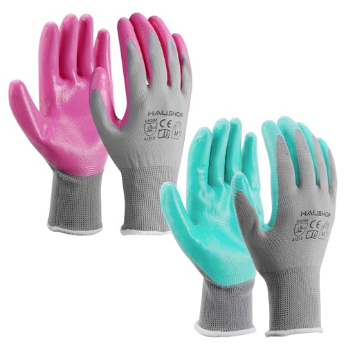 HAUSHOF Gardening Gloves for Women Ladies Thorn Proof 6-Pairs Work Gloves, Women's Breathable Garden Gloves Nitrile Coated with Texture for Yard Work, Pink & Green Large Size - Image 1