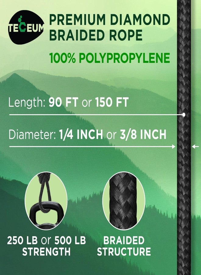 TECEUM Rope - 1/4” & 3/8” - 90 FT | 150 FT - Strong All-Purpose Utility Rope - Camping, Crafting, Flag Pole, Indoor & Outdoor - Polypropylene Nylon Poly Lightweight Diamond Braided Cord - Black - Image 2