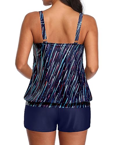 Aqua Eve Two Piece Women's Tankini Swimsuits Blouson Swim Tank Top with Shorts Modest Bathing Suits Dark Blue Stripes XL - Image 2