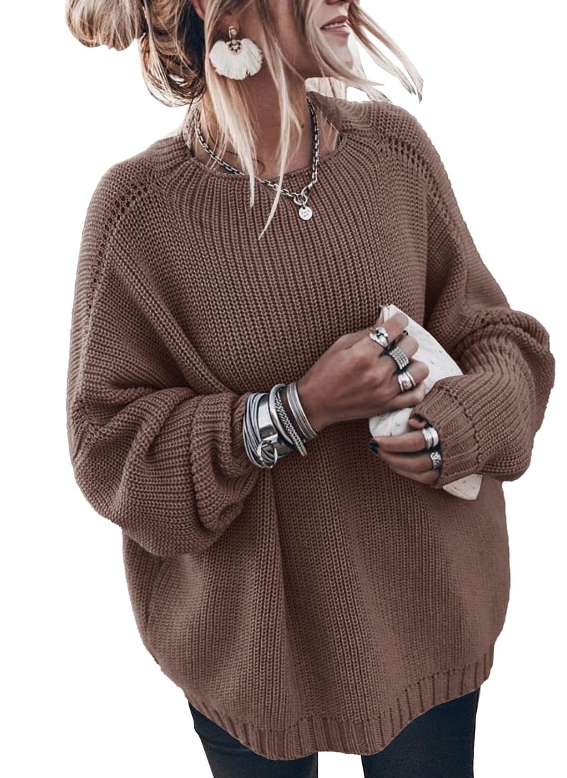 SAUKOLE Womens Pullover Sweaters Oversized Mock Neck Batwing Sleeve Ribbed Knit Jumper Tops Coffee - Image 1