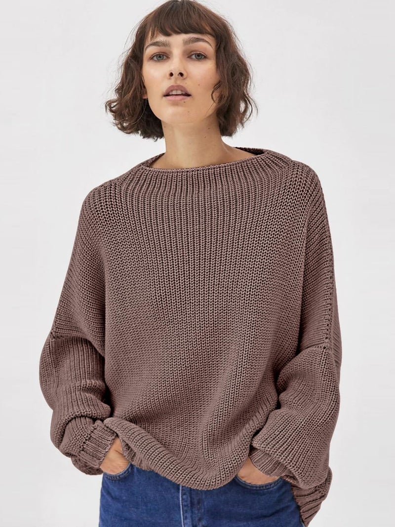 SAUKOLE Womens Pullover Sweaters Oversized Mock Neck Batwing Sleeve Ribbed Knit Jumper Tops Coffee - Image 2