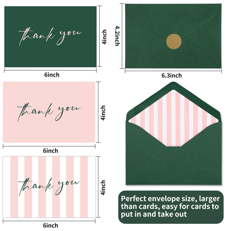 AZAZA Thank You Cards with Envelopes Striped 24 Pcs, Pink Thank You Cards Bulk Baby Shower Girl, Wedding Green and Pink Blank Notes for Bridal Shower - Image 5