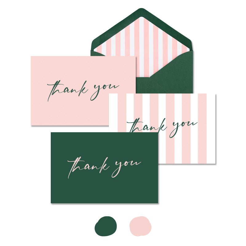 AZAZA Thank You Cards with Envelopes Striped 24 Pcs, Pink Thank You Cards Bulk Baby Shower Girl, Wedding Green and Pink Blank Notes for Bridal Shower - Image 1