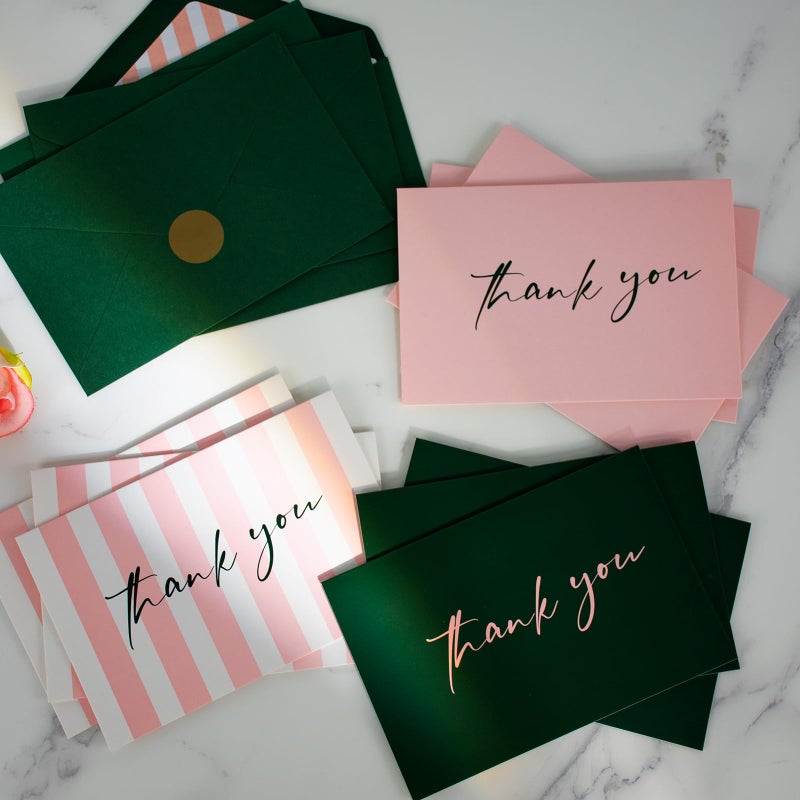 AZAZA Thank You Cards with Envelopes Striped 24 Pcs, Pink Thank You Cards Bulk Baby Shower Girl, Wedding Green and Pink Blank Notes for Bridal Shower - Image 3