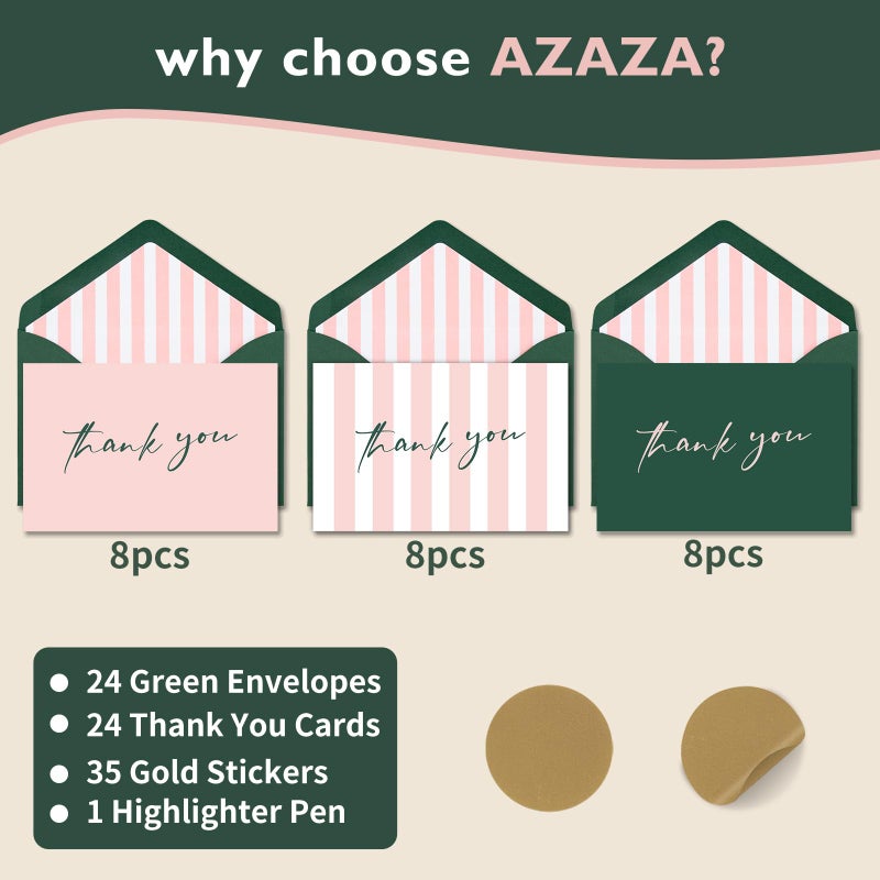 AZAZA Thank You Cards with Envelopes Striped 24 Pcs, Pink Thank You Cards Bulk Baby Shower Girl, Wedding Green and Pink Blank Notes for Bridal Shower - Image 4