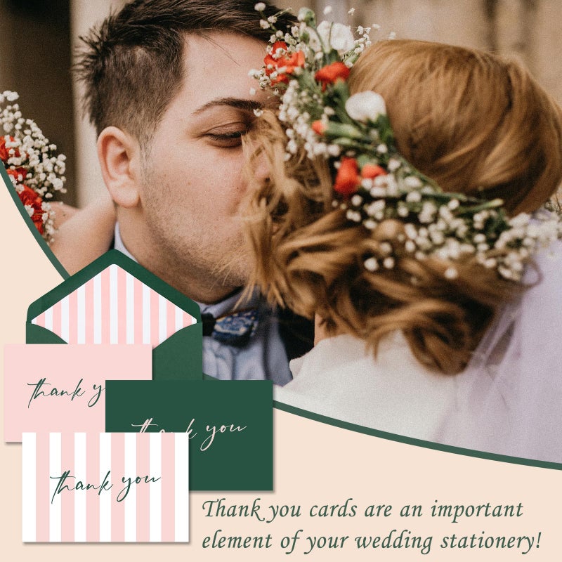 AZAZA Thank You Cards with Envelopes Striped 24 Pcs, Pink Thank You Cards Bulk Baby Shower Girl, Wedding Green and Pink Blank Notes for Bridal Shower - Image 2