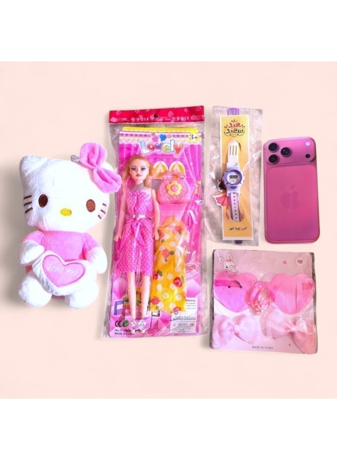 كريتر  صندوق هدايا عيد الفطر للفتيات بعبارة عيد سعيد - مجموعة كاملة للاحتفال بالعيد مكون من لعبة دمية هالوكيتي، لعبة عروسة فتيات مع ملحقاتها (شنطة ولبس بديل وحذاء) ،إكسسوارات أطفال ممتعة (ساعة، نظارة، ربطة شعر ، فيونكه باللون الوردي)، بطاقة تهنئة بالعيد على شكل ايفون برو ماكس 17 ، مجموعة من البالونات برسومات العيد (عساكم من عواده) - Image 5