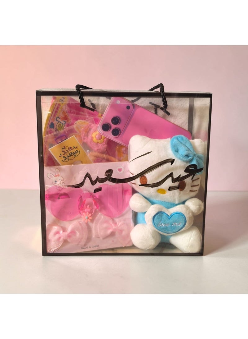 كريتر  صندوق هدايا عيد الفطر للفتيات بعبارة عيد سعيد - مجموعة كاملة للاحتفال بالعيد مكون من لعبة دمية هالوكيتي، لعبة عروسة فتيات مع ملحقاتها (شنطة ولبس بديل وحذاء) ،إكسسوارات أطفال ممتعة (ساعة، نظارة، ربطة شعر ، فيونكه باللون الوردي)، بطاقة تهنئة بالعيد على شكل ايفون برو ماكس 17 ، مجموعة من البالونات برسومات العيد (عساكم من عواده) - Image 2
