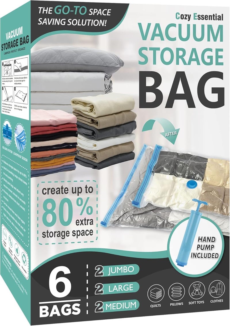 Cozy Essential Vacuum Storage Bags, Space Saver Bags，Compression for Comforters and Blankets, Pillow, Bedding, Sealer Clothes Storage，6 Combo - Image 1