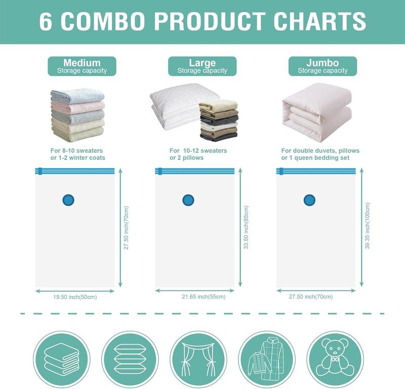 Cozy Essential Vacuum Storage Bags, Space Saver Bags，Compression for Comforters and Blankets, Pillow, Bedding, Sealer Clothes Storage，6 Combo - Image 5