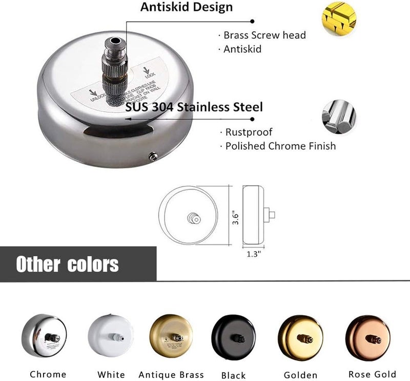 BESy Retractable Clothesline SUS304 Stainless Steel Clothes Dryer with Adjustable Stainless Steel Rope String Hotel Style Heavy Duty,9.2 Feets,Polished Chrome Finish, Round Style - Image 2