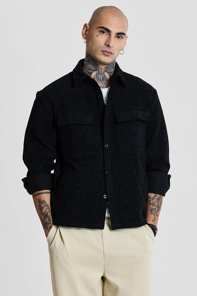 SNITCH Black Textured Double Pocket Overshirt