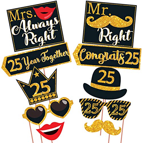 Wobbox 25th Anniversary Photo Booth Party Props DIY Kit, Golden Gliter & Black, Anniversary Party Decoration - Image 2