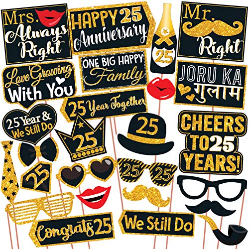 Wobbox 25th Anniversary Photo Booth Party Props DIY Kit, Golden Gliter & Black, Anniversary Party Decoration - Image 1