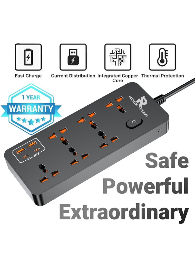 Rock Pow 2 meters Universal Extension Lead with Multiple Function UK Plug 3 Pin Socket Outlet with 6 Gang 2 USB Port 2 Type-C Port 2M Electric Socket Mains Strip for Home Kitchen and Office 2 meters - Image 2