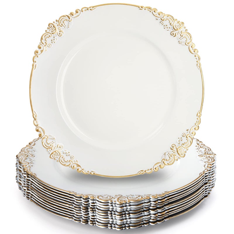 Okllen 12 Pack Plastic Round Charger Plates, 13" Dinner Charger Dessert Plates with Gold Rim, Vintage Charger Serving Plates for Catering, Wedding, Tabletop Decor, White, Floral Trim - Image 1