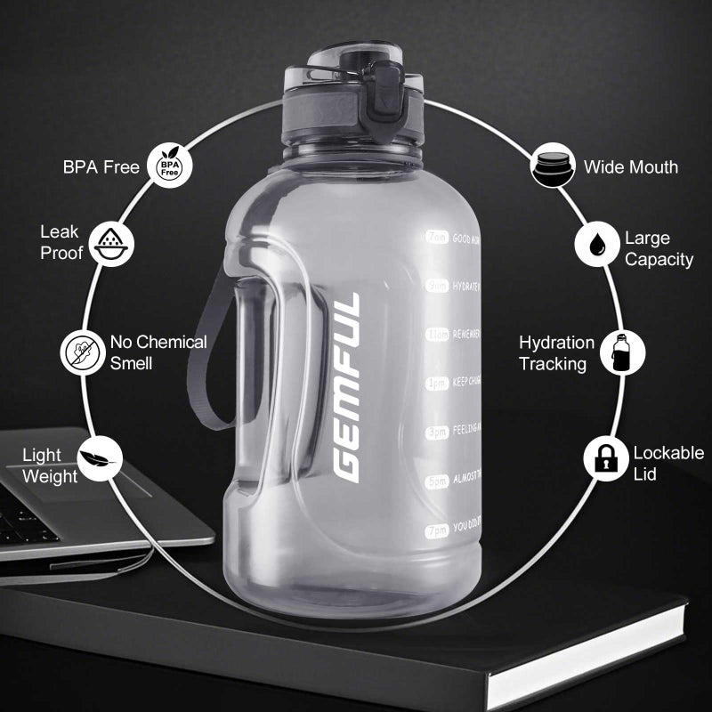 GEMFUL 2 Liter Water Bottle with Time Marker & Handle 64oz Large Motivational Jug for Gym Workouts No Straw Leak Proof BPA Free (Grey) - Image 4