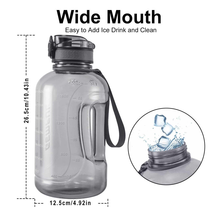 GEMFUL 2 Liter Water Bottle with Time Marker & Handle 64oz Large Motivational Jug for Gym Workouts No Straw Leak Proof BPA Free (Grey) - Image 2