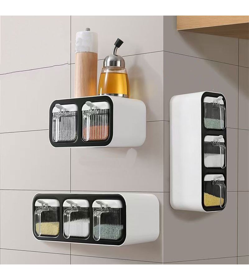 White 3 Compartment Wall Mounted Spice Rack with Pull Out Shelves No Nail Adhesive Screw Mount Installation Horizontal Vertical Space Saving Plastic Spice Organizer Suitable for Salt Sugar Chili Powder MSG Includes Free Sticker And Spoon For Small Kitchen - Image 1