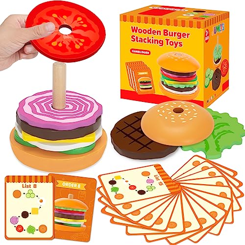 Jumlys Montessori Wooden Burger Stacking Toys for 2 3 4 5 Year Olds Fine Motor Toys for Kids Boys Girls Ideal Preschool Educational and Learning Toys Perfect Christmas Birthday Gifts - Image 1