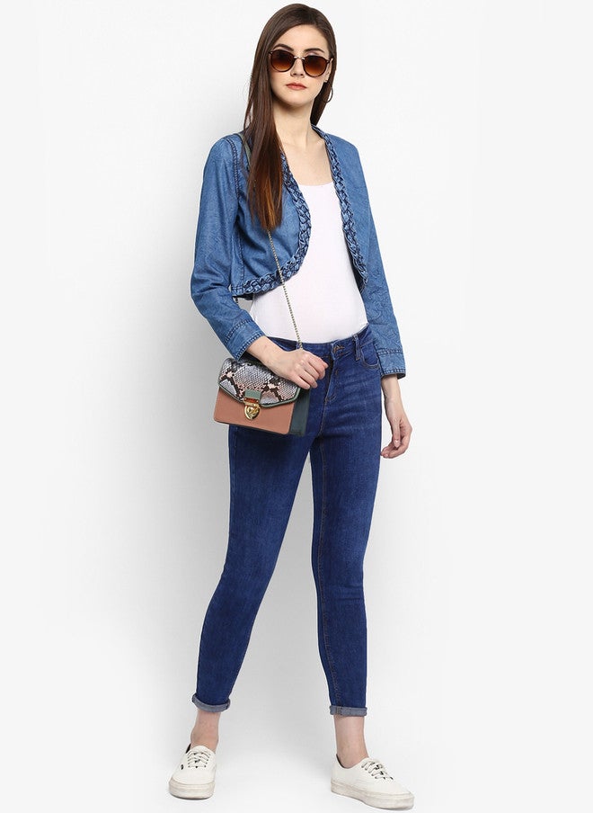 StyleStone سترة جينز زرقاء بتصميم ذاتي مفتوحة من الأمام من ستايل ستون - Image 5