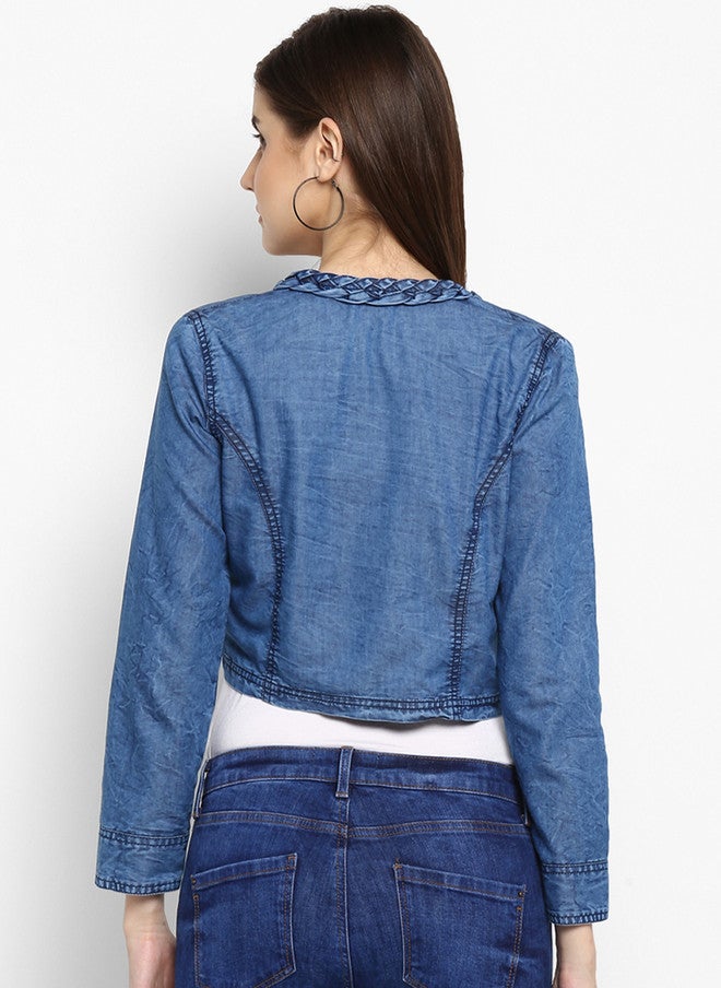 StyleStone سترة جينز زرقاء بتصميم ذاتي مفتوحة من الأمام من ستايل ستون - Image 4