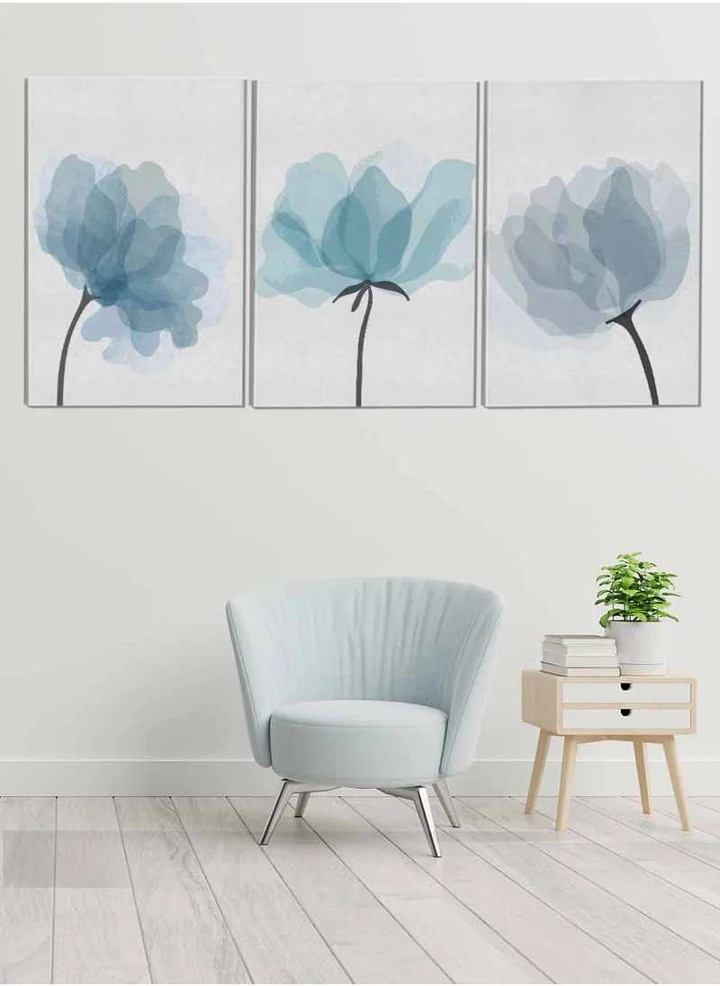 LOWHA Set Of 3 Canvas Wall Arts Stretched Over Wooden Frame Flower Leaves Abstract Paintings