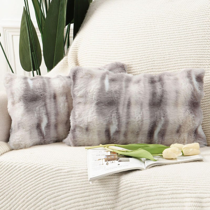 MADIZZ Pack of 2 Thick Plush Wool Throw Pillow Covers 12x20 Inch Grey Taupe Soft Neutral Decorative Throw Pillows Accent Boho Cushion Covers for Couch Sofa Bedroom Pillow Shell - Image 1