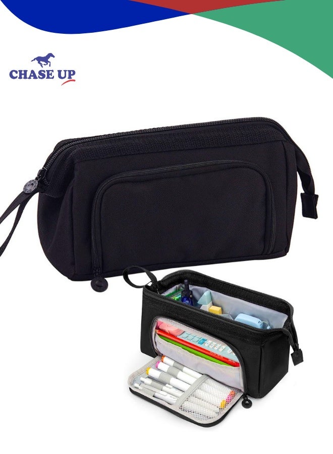 تشيس اب حافظة أقلام رصاص كبيرة السعة، حقيبة تخزين، حقيبة أقلام قرطاسية، منظم صندوق حامل مورد المكتب، حافظة بسحاب مع مقبض حمل لطلاب المدارس والمراهقين والفتيات والبالغين - أسود - Image 1