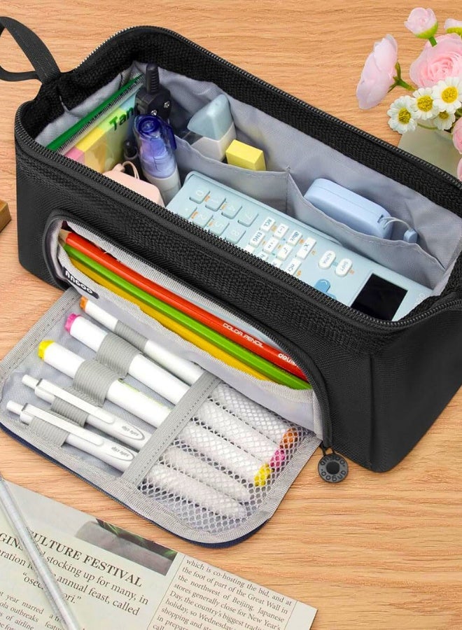تشيس اب حافظة أقلام رصاص كبيرة السعة، حقيبة تخزين، حقيبة أقلام قرطاسية، منظم صندوق حامل مورد المكتب، حافظة بسحاب مع مقبض حمل لطلاب المدارس والمراهقين والفتيات والبالغين - أسود - Image 4